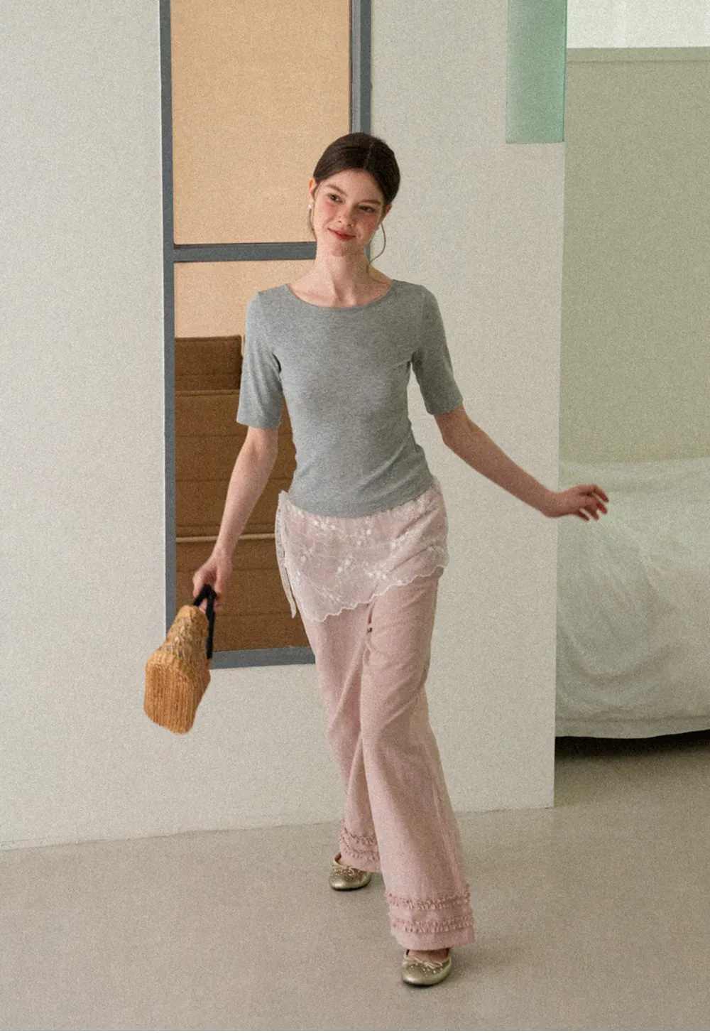 Lace Trim Wide Leg Casual Pants
