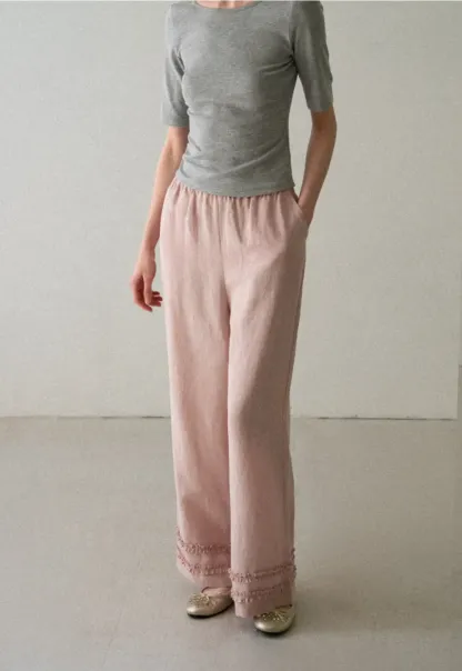 Lace Trim Wide Leg Casual Pants