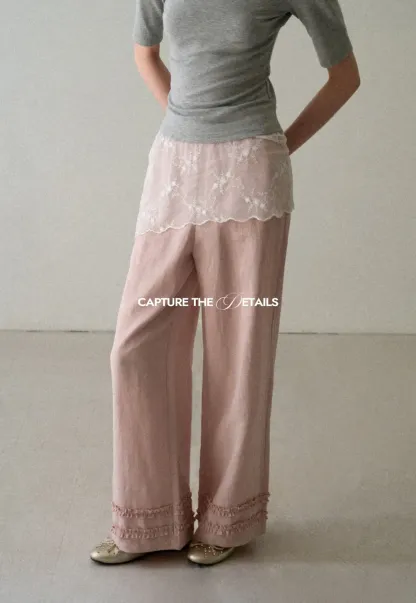 Lace Trim Wide Leg Casual Pants