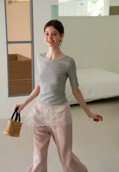 Lace Trim Wide Leg Casual Pants