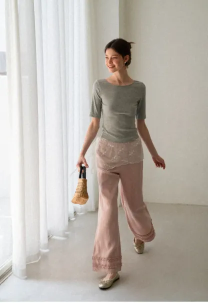 Lace Trim Wide Leg Casual Pants