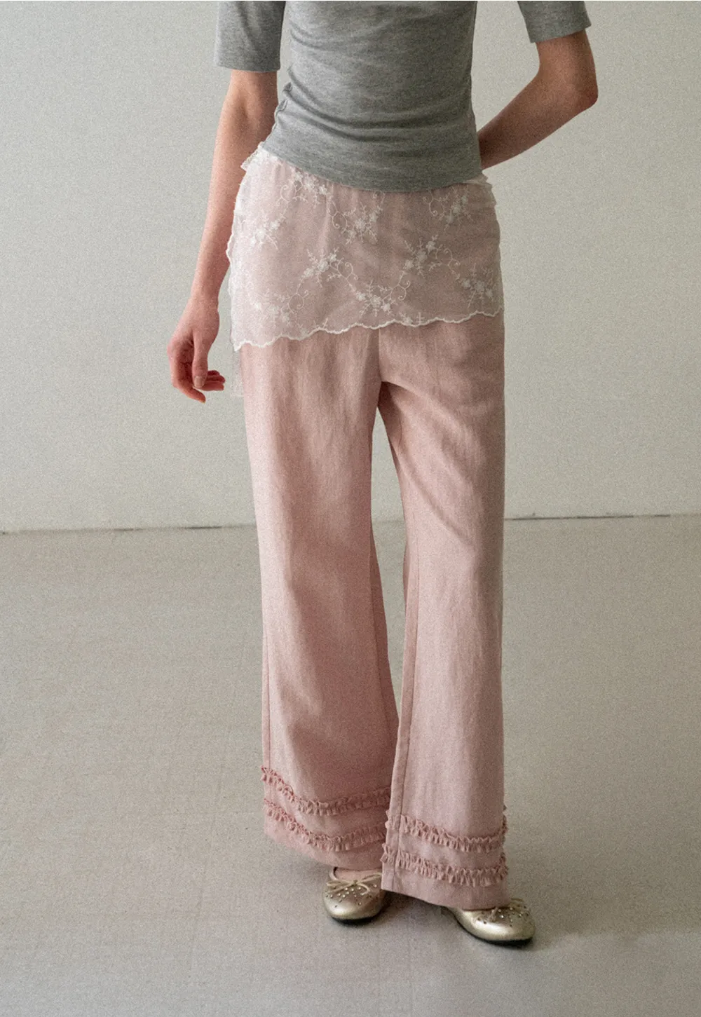 Lace Trim Wide Leg Casual Pants