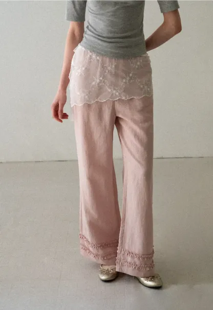 Lace Trim Wide Leg Casual Pants