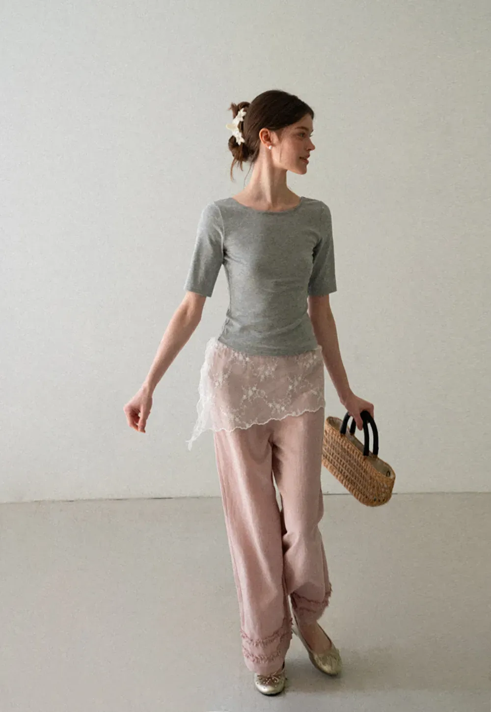 Lace Trim Wide Leg Casual Pants