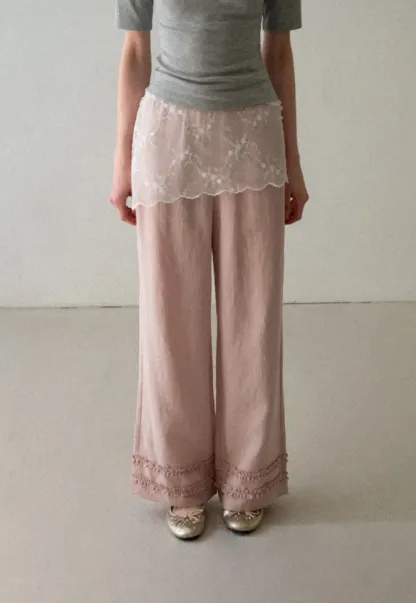 Lace Trim Wide Leg Casual Pants