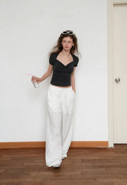 Polka Dot Print Wide Leg Drawstring Casual Pants