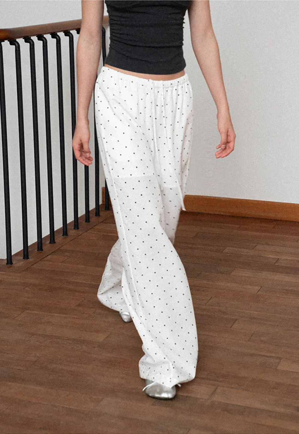Polka Dot Print Wide Leg Drawstring Casual Pants