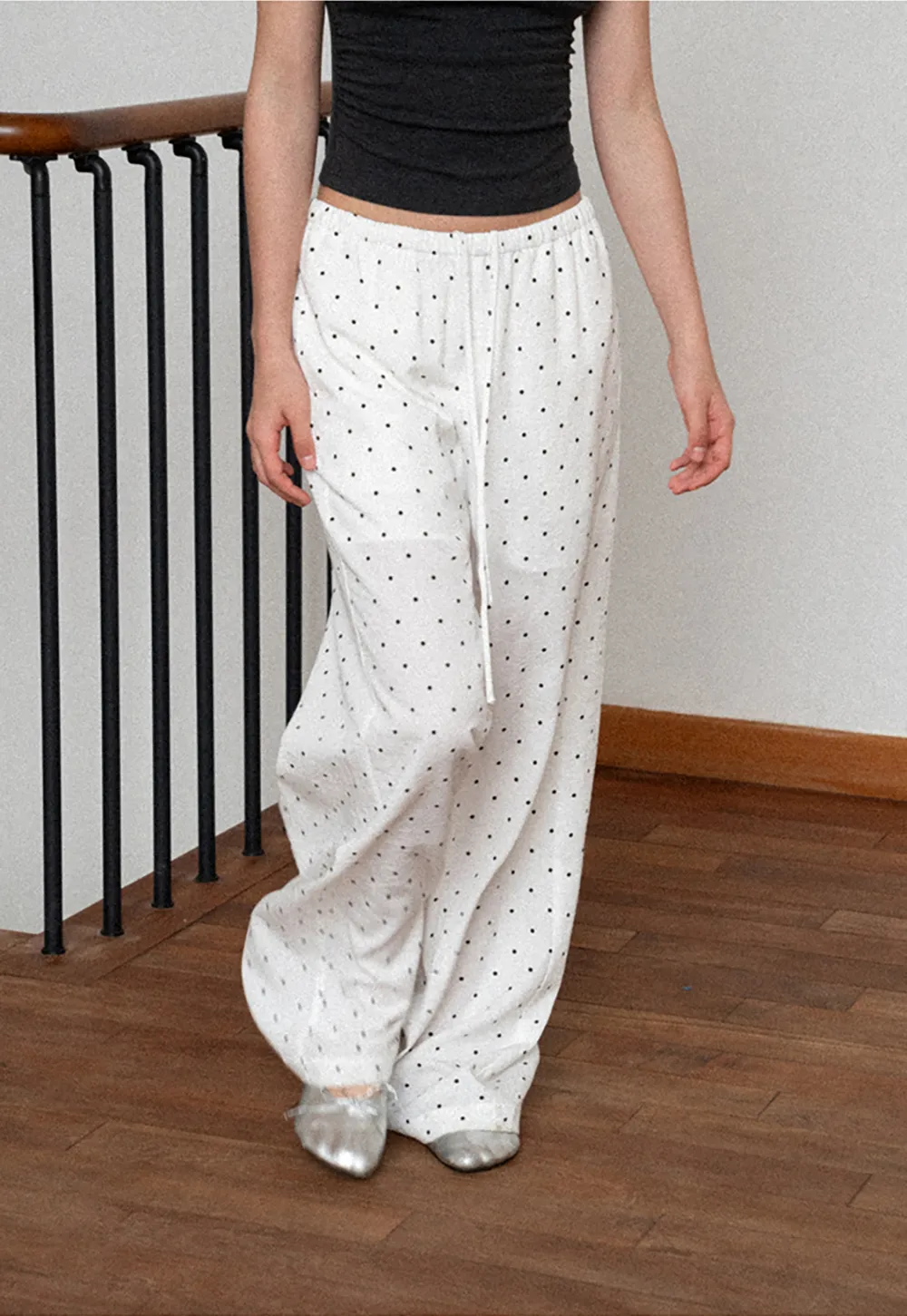 Polka Dot Print Wide Leg Drawstring Casual Pants