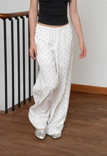 Polka Dot Print Wide Leg Drawstring Casual Pants