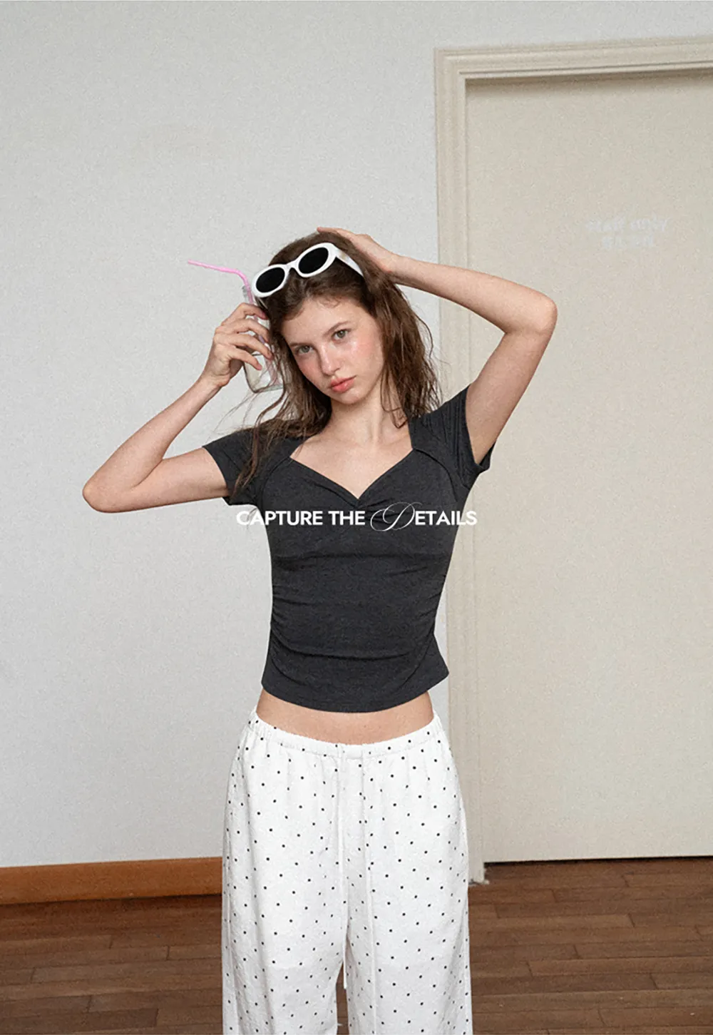 Polka Dot Print Wide Leg Drawstring Casual Pants