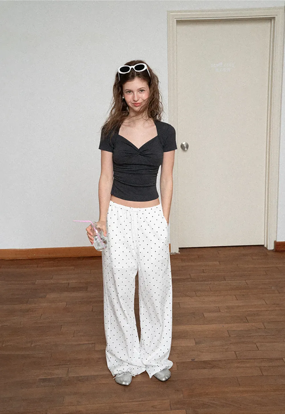 Polka Dot Print Wide Leg Drawstring Casual Pants