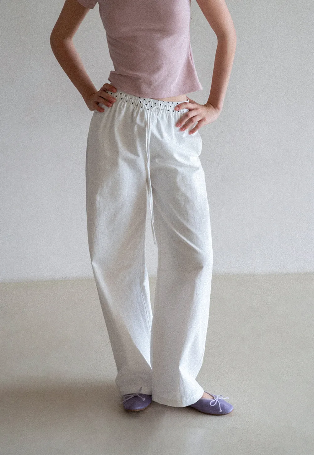 Elastic Waist with Polka Dot Trim Wide Leg Casual Pants