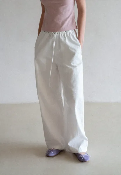 Elastic Waist with Polka Dot Trim Wide Leg Casual Pants
