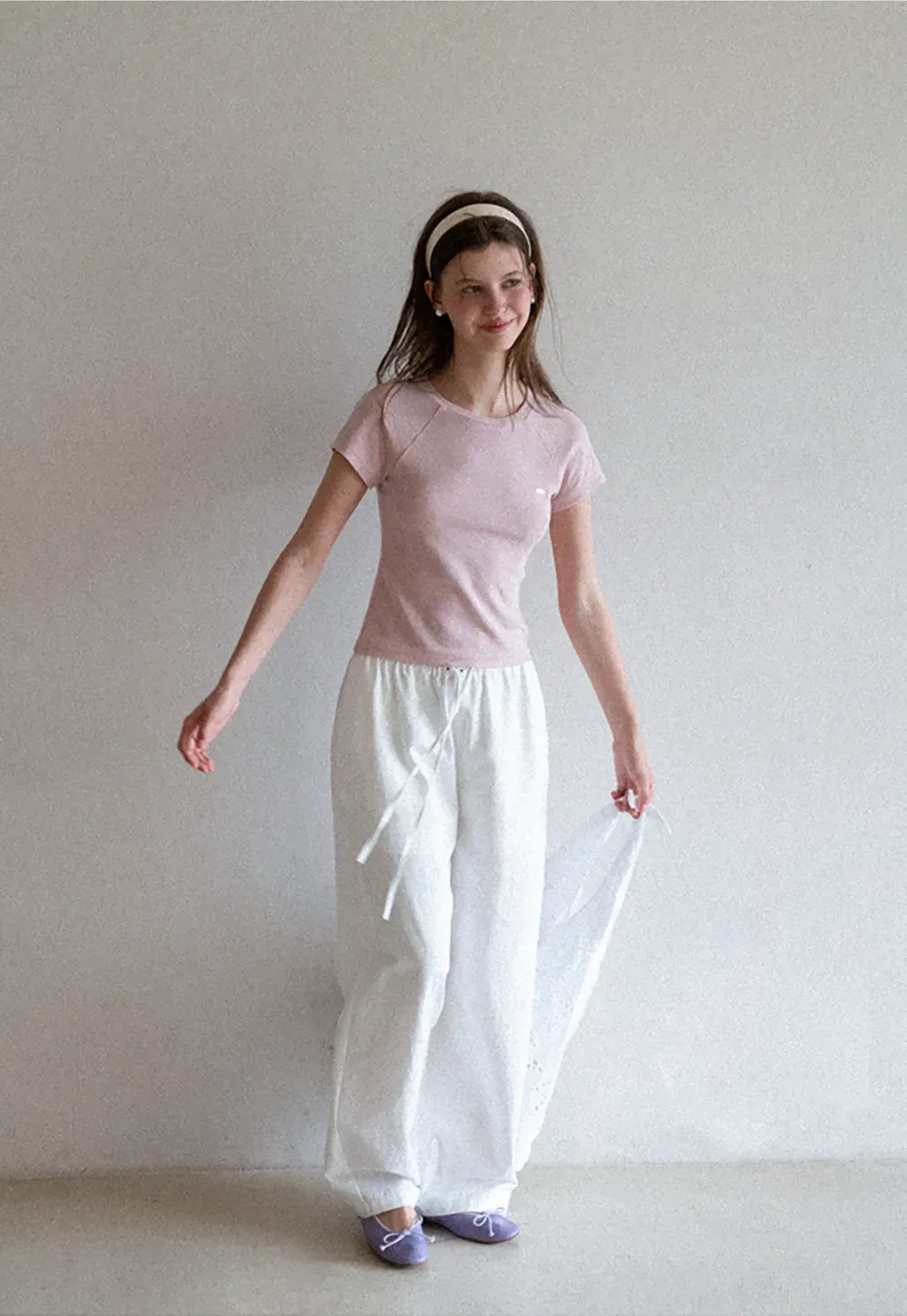 Elastic Waist with Polka Dot Trim Wide Leg Casual Pants