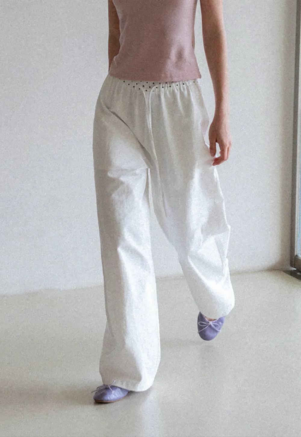 Elastic Waist with Polka Dot Trim Wide Leg Casual Pants