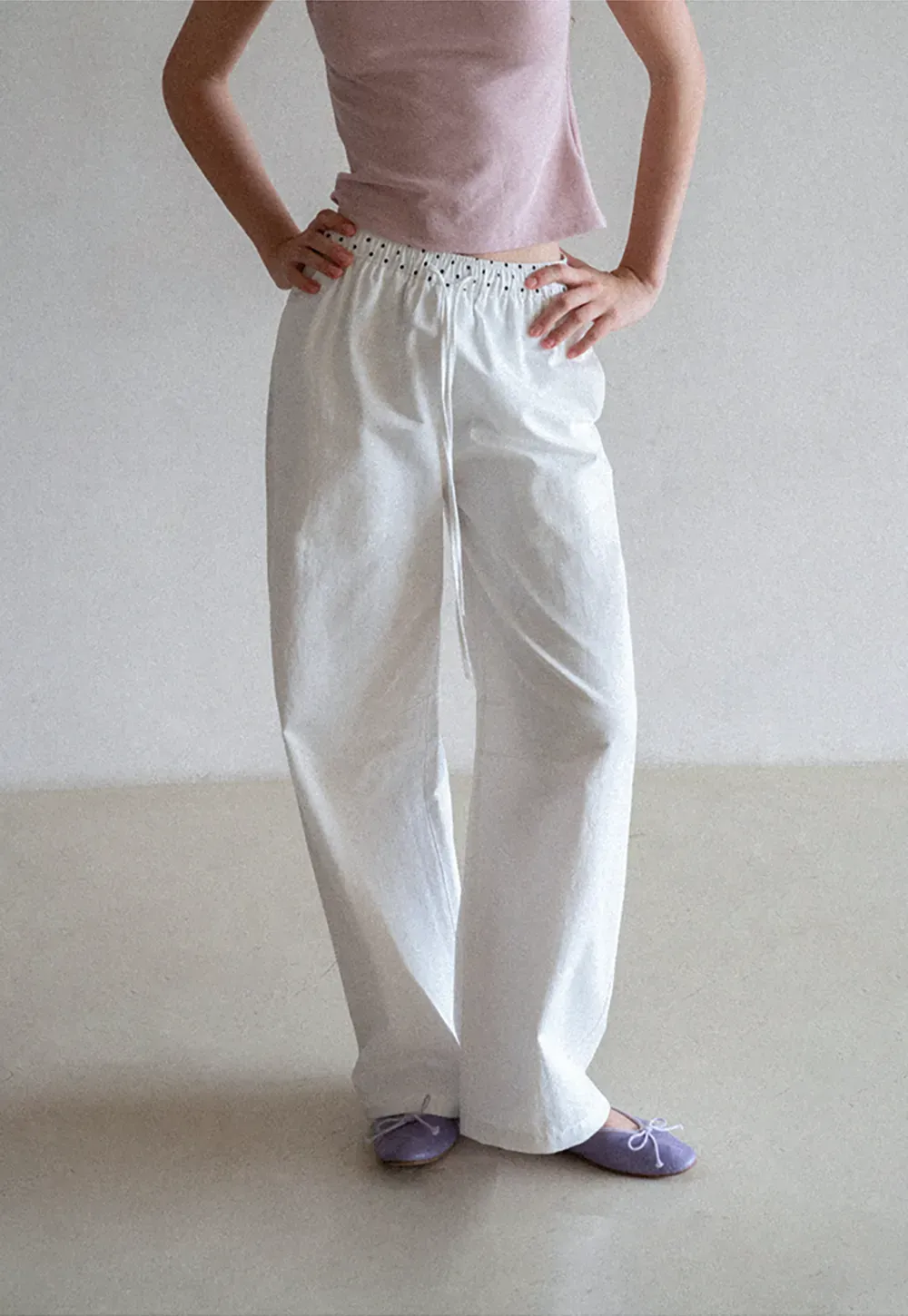 Elastic Waist with Polka Dot Trim Wide Leg Casual Pants