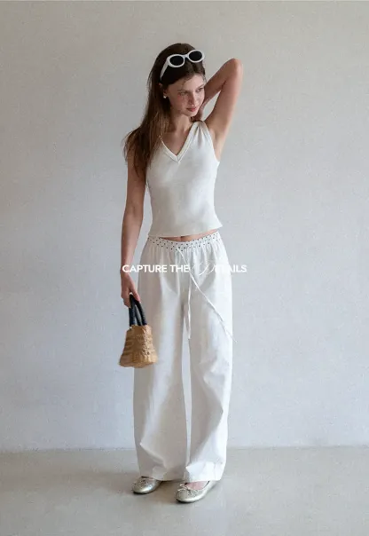 Elastic Waist with Polka Dot Trim Wide Leg Casual Pants