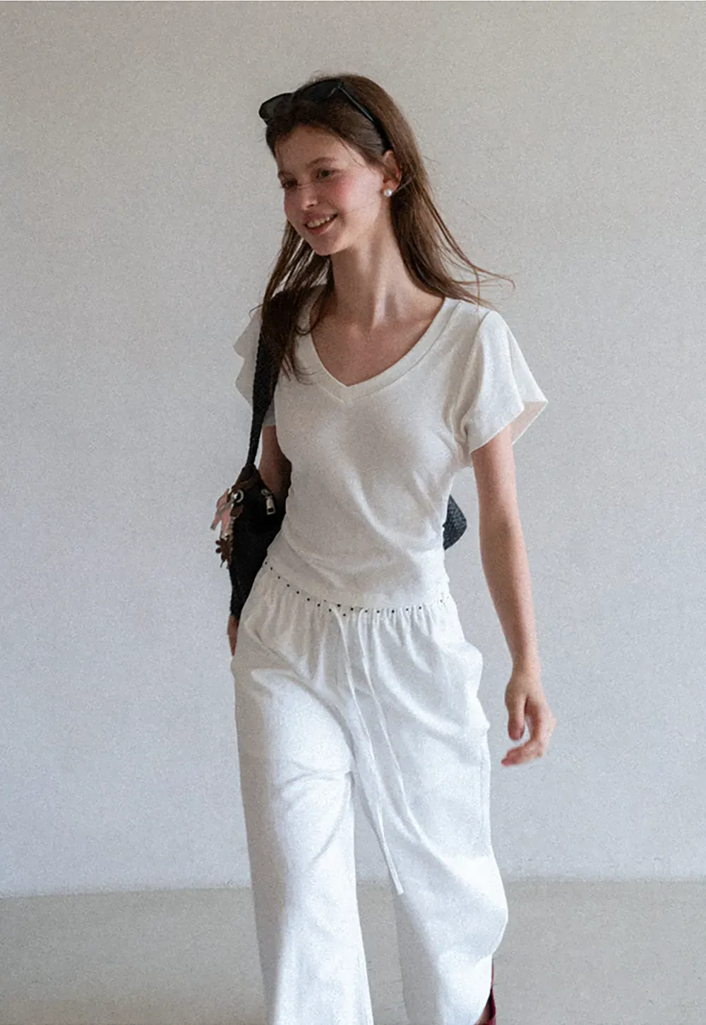 Elastic Waist with Polka Dot Trim Wide Leg Casual Pants