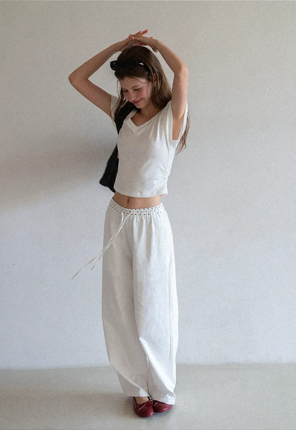 Elastic Waist with Polka Dot Trim Wide Leg Casual Pants