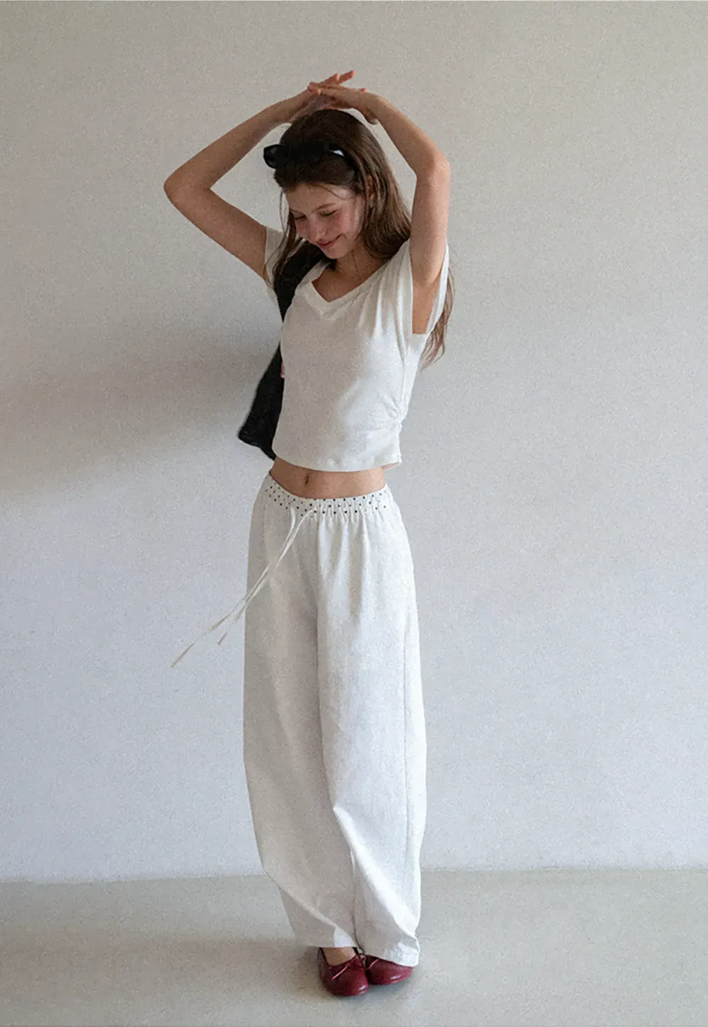 Elastic Waist with Polka Dot Trim Wide Leg Casual Pants