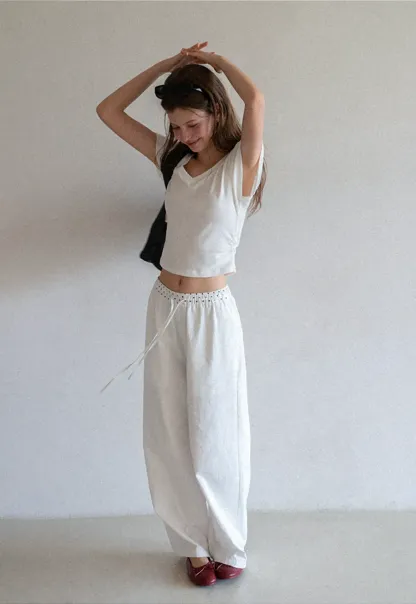 Elastic Waist with Polka Dot Trim Wide Leg Casual Pants