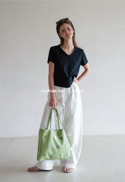 Elastic Waist with Polka Dot Trim Wide Leg Casual Pants