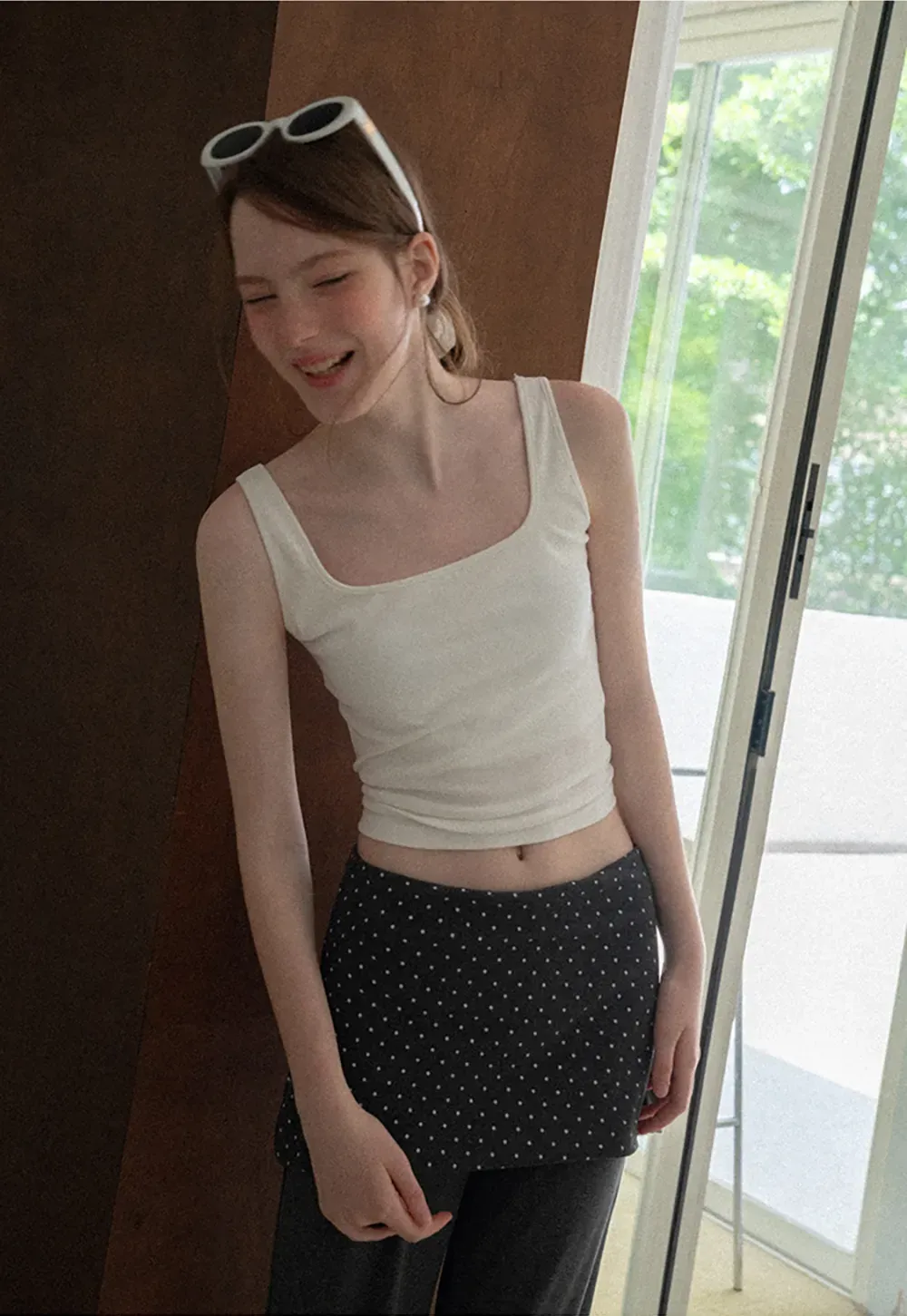 Polka Dot Overlay High Waist Wide Leg Casual Pants
