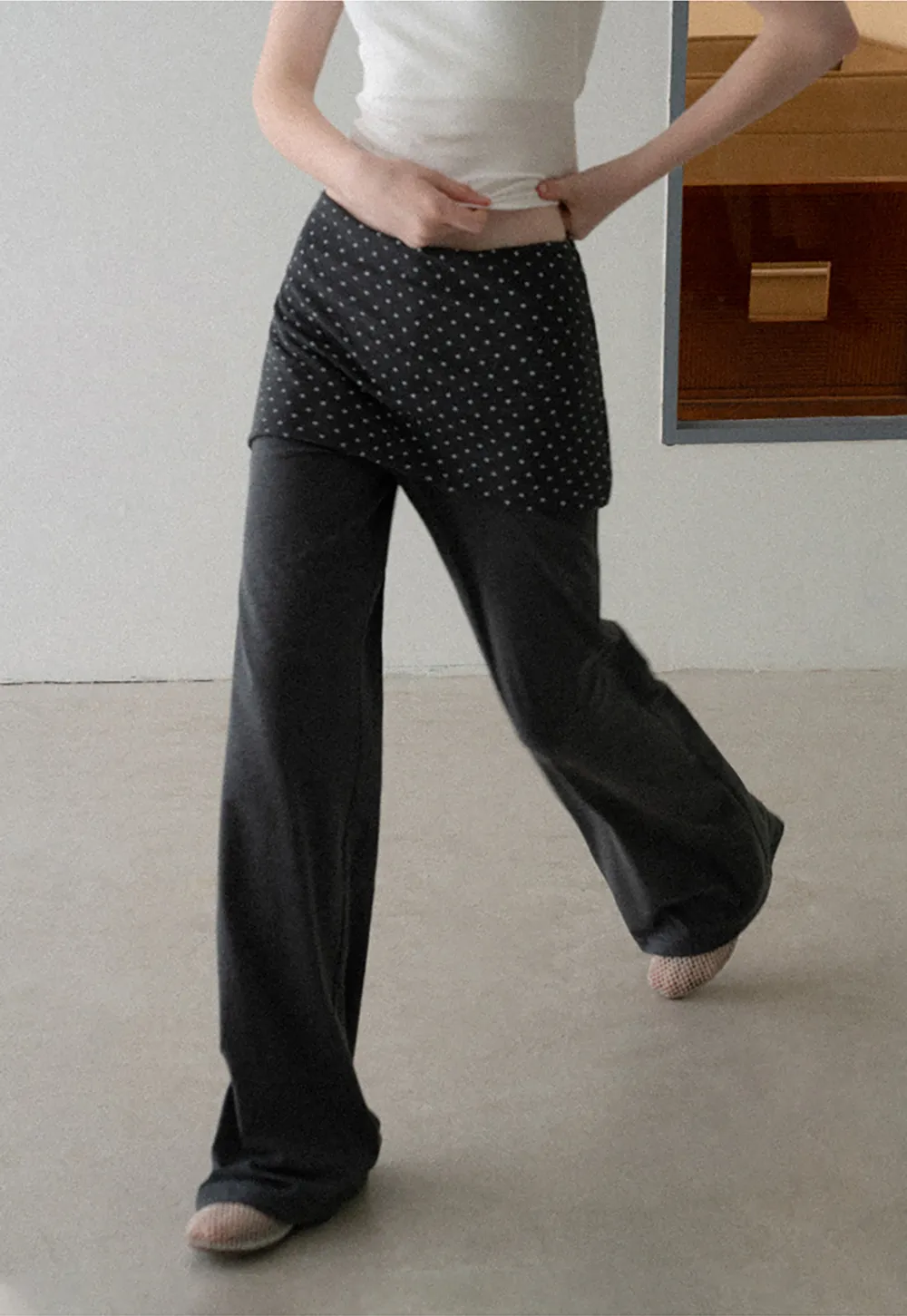 Polka Dot Overlay High Waist Wide Leg Casual Pants