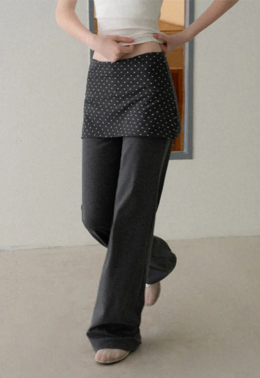 Polka Dot Overlay High Waist Wide Leg Casual Pants