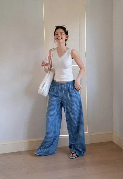Wide Leg Gingham Check Casual Pants