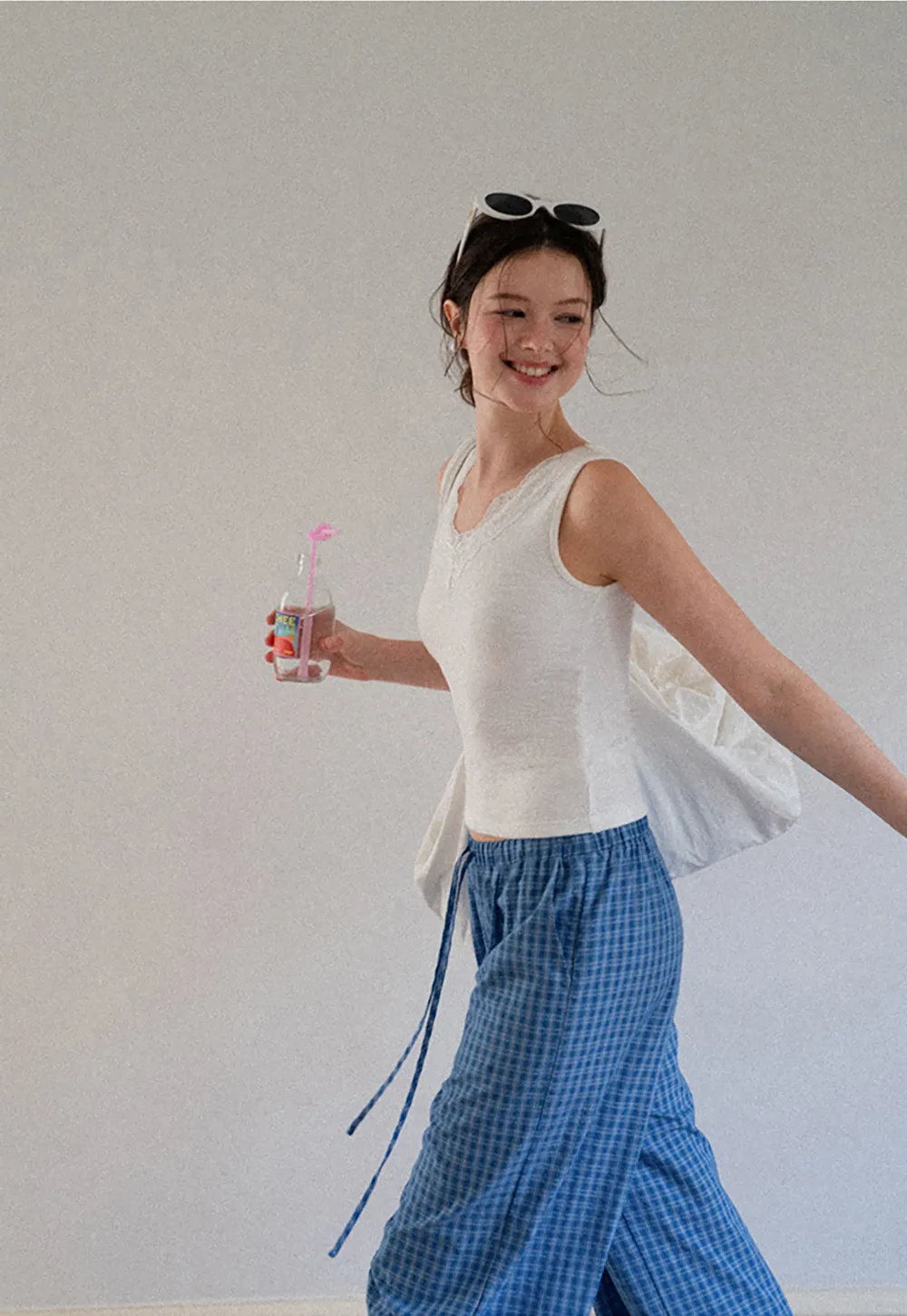 Wide Leg Gingham Check Casual Pants