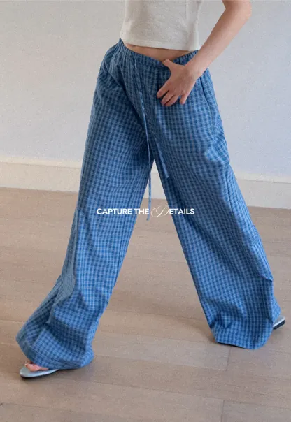 Wide Leg Gingham Check Casual Pants