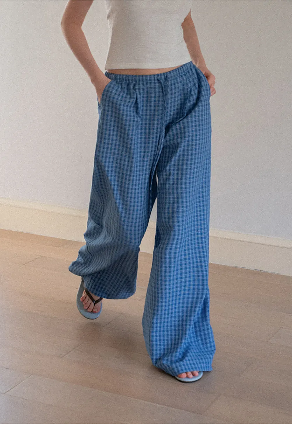 Wide Leg Gingham Check Casual Pants