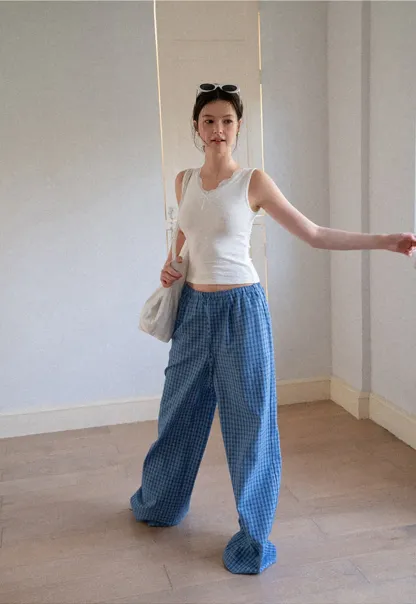 Wide Leg Gingham Check Casual Pants