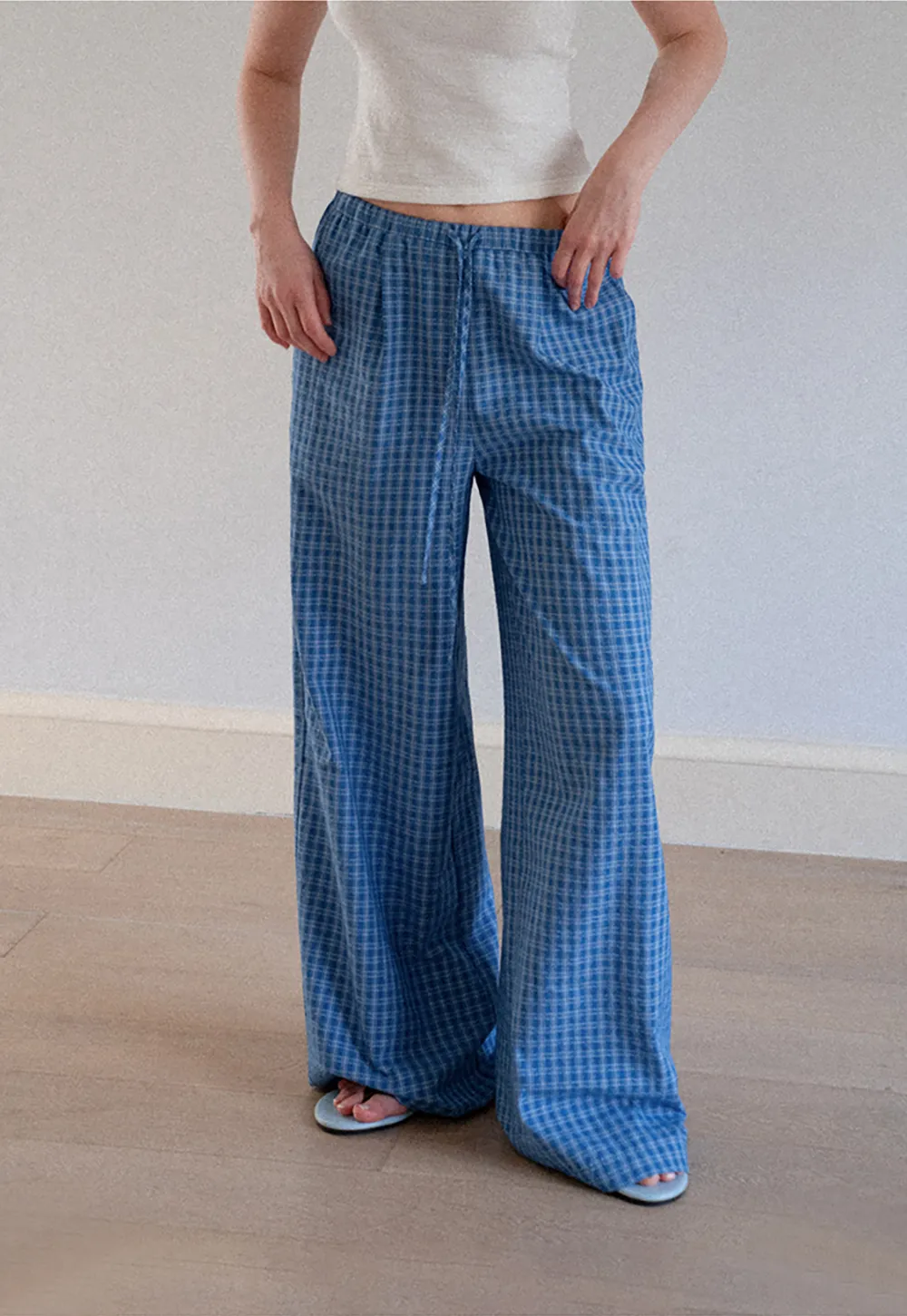 Wide Leg Gingham Check Casual Pants