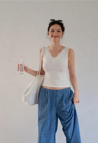 Wide Leg Gingham Check Casual Pants