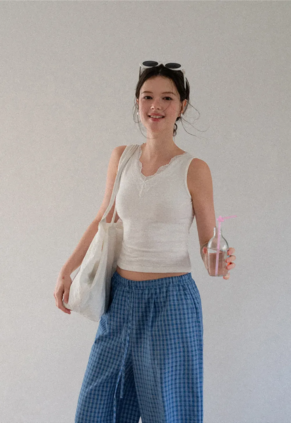 Wide Leg Gingham Check Casual Pants