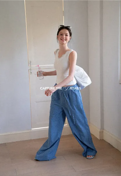 Wide Leg Gingham Check Casual Pants