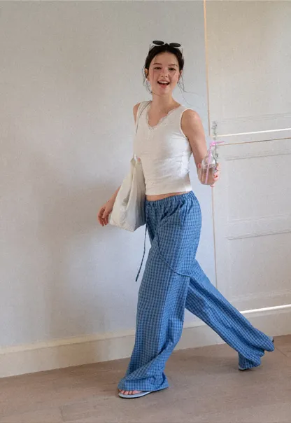 Wide Leg Gingham Check Casual Pants
