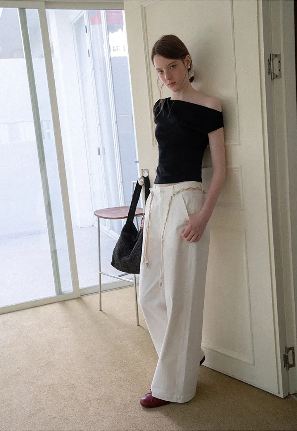 High Waist Wide Leg Pants with Braided Cord Detail