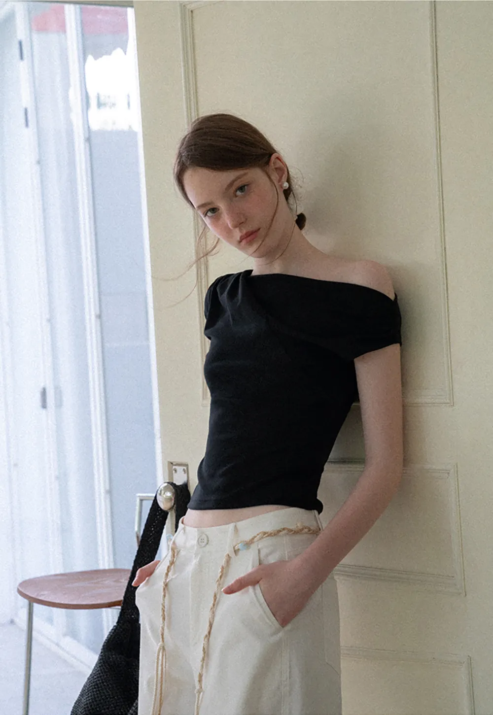 High Waist Wide Leg Pants with Braided Cord Detail