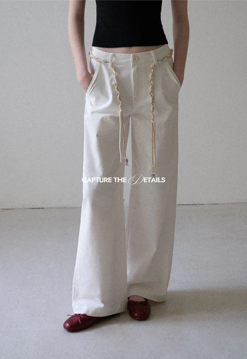 High Waist Wide Leg Pants with Braided Cord Detail