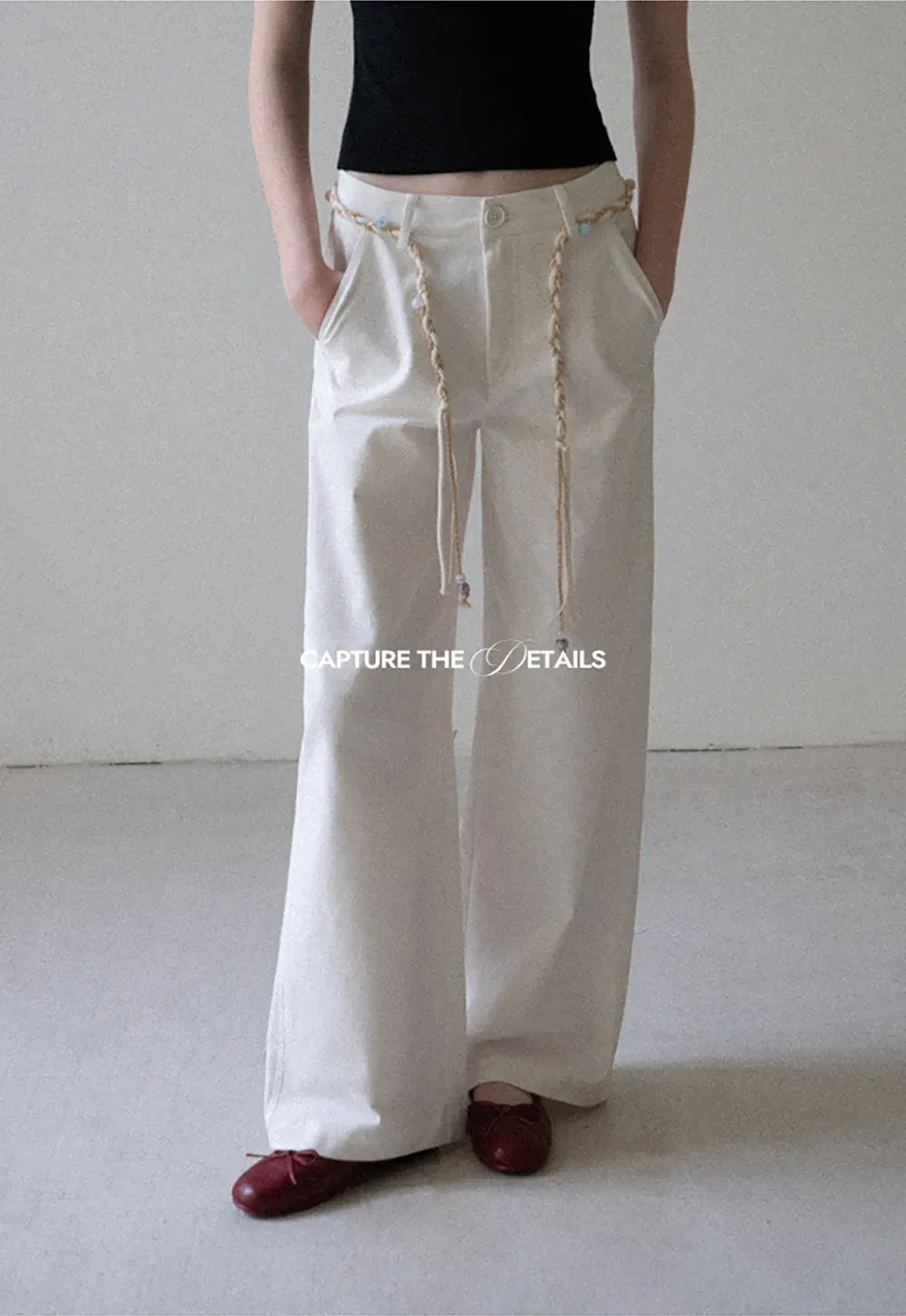 High Waist Wide Leg Pants with Braided Cord Detail