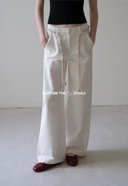 High Waist Wide Leg Pants with Braided Cord Detail