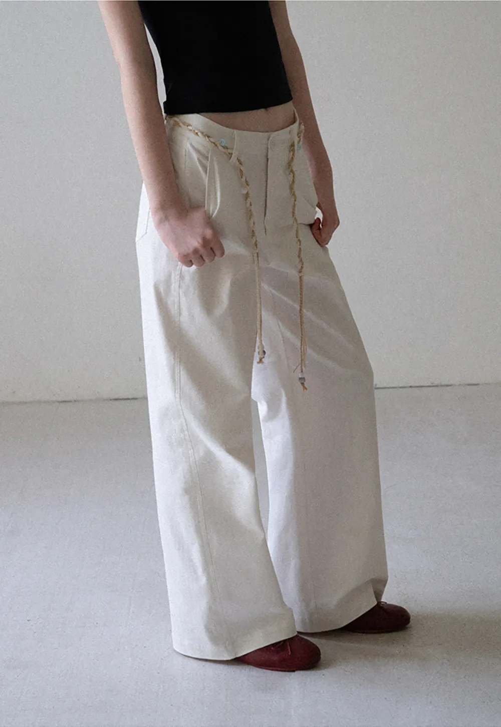 High Waist Wide Leg Pants with Braided Cord Detail