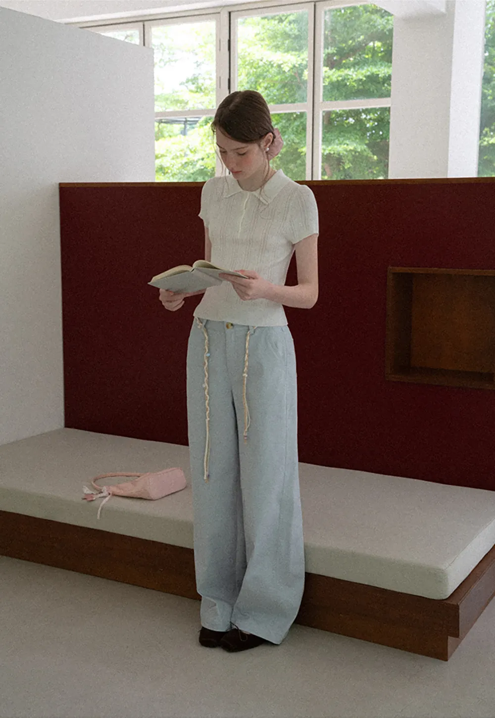 High Waist Wide Leg Pants with Braided Cord Detail