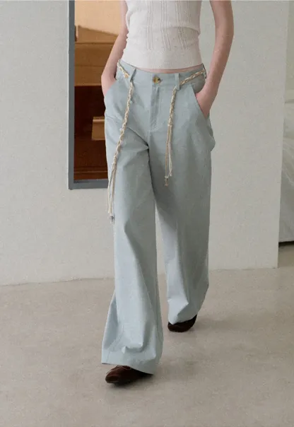High Waist Wide Leg Pants with Braided Cord Detail