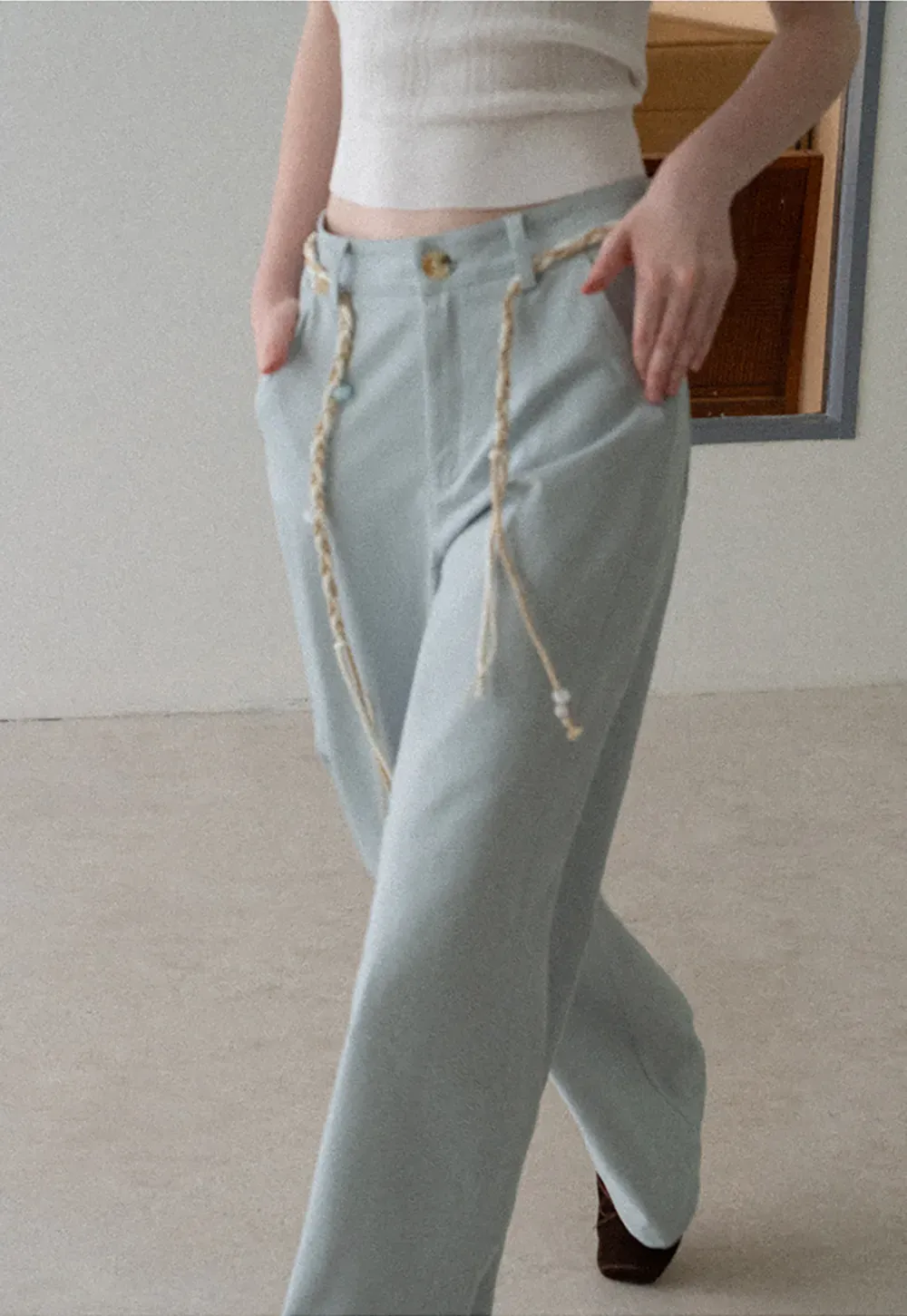 High Waist Wide Leg Pants with Braided Cord Detail