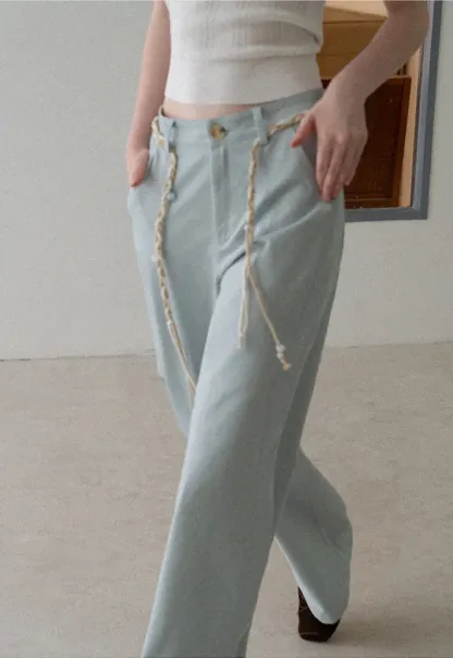 High Waist Wide Leg Pants with Braided Cord Detail