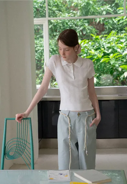 High Waist Wide Leg Pants with Braided Cord Detail